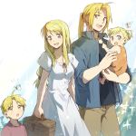  2girls age_difference ahoge blonde_hair blue_eyes butterfly carrying child couple dress edward_elric family father_and_daughter father_and_son fullmetal_alchemist if_they_mated long_hair mother_and_daughter mother_and_son multiple_boys multiple_girls open_mouth ponytail riru short_hair smile spoilers winry_rockbell yellow_eyes 