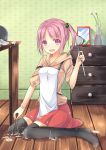  amemiya_ruki apron bangle black_legwear bracelet chest_of_drawers hair_bobbles hair_ornament highres holding jewelry ladle original picture_frame pink_eyes pink_hair side_ponytail sitting solo thigh-highs thighhighs 