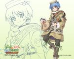  2009 atelier_(series) atelier_lina bag blue_hair brown_eyes character_request coat copyright_name dated gradient gradient_background hat instrument official_art pants shoes short_hair smile solo ukulele wallpaper watanuki_nao white_background yellow_background zoom_layer 