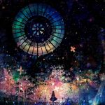  abstract bad_id colorful cross dark dress fence forest harada_miyuki long_hair nature original scenery silhouette sky solo stained_glass star star_(sky) starry_sky tree 