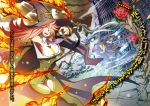  battle blazblue blazblue_phase_0 blonde_hair breasts element_bending fire flower hat highres ice konoe_a_mercury large_breasts long_hair multiple_girls necktie official_art pink_hair rose thighhighs thorns translation_request water witch_hat wizard_hat yellow_eyes 