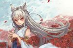  animal_ears bare_shoulders detached_sleeves fingers_together flower_field fox_ears long_hair original petals red_eyes silver_hair smile solo suzu_no 