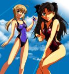  absurdres black_hair blonde_hair bottle competition_swimsuit fate/stay_night fate/zero fate_(series) gentoku green_eyes highres long_hair multiple_girls one-piece_swimsuit saber swimsuit tohsaka_rin toosaka_rin twintails two_side_up 