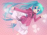  aqua_hair artist_request blue_eyes checkered checkered_background hair_ornament hairclip happy hatsune_miku heart long_hair open_mouth outstretched_arm scarf ski_(sakai_farbe) skirt solo twintails very_long_hair vocaloid 