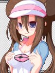  blue_eyes blush breast_squeeze breasts brown_hair checkered checkered_background cleavage double_bun female_protagonist_(pokemon_bw2) highres karasawa@ long_hair mei_(pokemon) pokemon pokemon_(bw2) pokemon_(game) pokemon_bw2 raglan_sleeves solo twintails visor visor_cap 