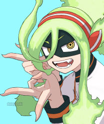  1girl :d absurdres artist_name blue_background boku_no_hero_academia burnin_(boku_no_hero_academia) commentary domino_mask dotoyazuki double_gyaru_v eye_mask fiery_hair fire green_fire green_hair gyaru_v hairband highres long_bangs long_sleeves looking_at_viewer mask open_mouth red_hairband smile solo teeth upper_body v yellow_eyes 
