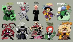  bald bare_shoulders black_necktie black_suit blank_eyes cape carnage_(marvel) character_name closed_mouth dc_comics domino_mask eye_mask frown full_body gloves green_cape green_eyes green_gloves green_leotard grey_background hal_jordan hands_in_pockets highres leotard lex_luthor long_hair madcap_(marvel) marvel mask mysterio necktie no_pupils orange_hair parallax_(dc) poison_ivy rariatto_(ganguri) sabertooth_(x-men) simple_background smile spawn_(comic) standing strapless strapless_leotard suit superhero_costume the_batman_who_laughs ultron violator_(spawn) waving 