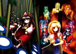  6+girls alice_margatroid arm_across_waist ascot bamboo bamboo_forest black_shoes blonde_hair blonde_shrine_maiden_from_a_future_era_(touhou) blue_dress blue_eyes blue_hair bow brown_eyes brown_hair capelet closed_eyes collared_shirt cowboy_shot cross danmaku detached_sleeves dolls_in_pseudo_paradise dress floating forest frilled_hat frilled_skirt frills full_body girl_who_trained_on_mt._haku_(touhou) glowing gohei hair_bow hairband hakurei_reimu hakurei_reimu_(seihou) hat holding holding_cross holding_gohei hourai_girl_(touhou) imperishable_night jacket_girl_(dipp) label_girl_(dipp) long_hair mary_janes medium_hair moonlight's_anti-soul_(touhou) multiple_girls nature newsboy_cap nontraditional_miko noriro portrait_of_exotic_girls puffy_short_sleeves puffy_sleeves red_bow red_eyes red_hairband red_hat red_skirt seihou shirt shoes short_sleeves side_ponytail skirt smile socks touhou transparent very_long_hair white_capelet white_sleeves white_socks wide_sleeves yellow_ascot zun_(style) 