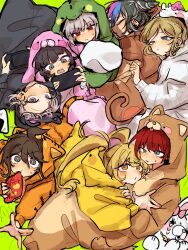  6+girls :o animal_costume animal_hood animal_print black_pajamas blonde_hair blue_eyes blush brown_hair brown_pajamas cat_costume chick_costume closed_eyes closed_mouth commentary_request danganronpa_(series) danganronpa_2:_goodbye_despair dinosaur_costume dog_costume food freckles green_background green_pajamas grey_hair highres hood hood_up hooded_pajamas kigurumi koizumi_mahiru mioda_ibuki monkey_costume multicolored_hair multiple_girls nanami_chiaki onesie onigiri open_mouth orange_eyes orange_pajamas owari_akane pajamas pekoyama_peko pink_eyes pink_pajamas purple_hair rabbit_costume red_eyes red_hair saionji_hiyoko short_hair siiaka023 sleeping sleepover sleepwear sleepy sonia_nevermind tiger_costume tiger_print tsumiki_mikan twintails unicorn_costume usami_(danganronpa) violet_eyes white_pajamas yellow_pajamas 