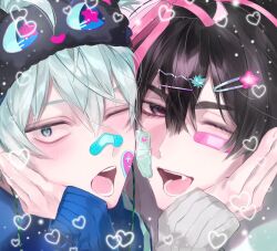  2boys alien_stage bandaid bandaid_on_face bandaid_on_nose black_eyes black_hair black_mask cheek-to-cheek commentary gauze gauze_on_cheek green_eyes grey_hair hair_ornament hair_ribbon hairclip hand_on_own_face heads_together heart highres ivan_(alien_stage) male_focus mask mask_on_head moruru_08 multiple_boys official_alternate_costume one_eye_closed open_mouth pink_ribbon red_pupils ribbon thick_eyebrows till_(alien_stage) 