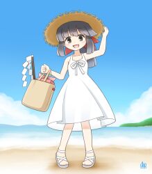  1girl artist_logo bag beach black_hair blue_sky bow box brown_eyes clouds dress gohei hair_bow hat highres himorogi_koyomi_(kitagawa_suigetsu) holding holding_bag kitagawa_suigetsu logo looking_at_viewer low_ponytail oonusa open_mouth original ponytail red_bow sandals sky sleeveless sleeveless_dress smile solo straw_hat white_dress white_sandals 