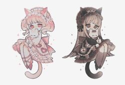  2girls accurate_lolita_coord animal_ears animal_print ankle_lace-up ankle_strap back_bow bib bow brown_bow brown_dress brown_eyes brown_hair brown_hairband brown_shoes brown_socks cat_ears cat_girl cat_print cat_tail closed_mouth commentary_request cross-laced_hairband curly_hair dress floating frilled_bib frilled_dress frilled_hairband frills hairband heart heart_print holding holding_stuffed_toy kneehighs lace lace-trimmed_dress lace-trimmed_hairband lace_trim lolita_fashion lolita_hairband long_hair long_sleeves multiple_girls naiguozi original pink_bow pink_dress pink_eyes pink_hair pink_hairband pink_shoes puffy_long_sleeves puffy_sleeves shoes short_twintails sitting socks sparkle straight_hair striped_clothes striped_socks stuffed_animal stuffed_cat stuffed_toy sweet_lolita tail tears twintails vertical-striped_clothes vertical-striped_socks very_long_hair 