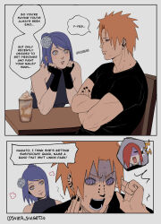 1girl 2boys absurdres artist_name blue_hair commentary couple english_commentary face_piercing highres konan_(naruto) labret_piercing lip_piercing multiple_boys nagato_(naruto) naruto_(series) naruto_shippuuden orange_hair pain_(naruto) paper_flower piercing red_hair rinnegan signature suika_suigetsu twitter_username yahiko_(naruto) 