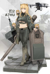  1girl absurdres ammunition animal_ears ayou_(aukuamani) breasts cannon caterpillar_tracks commentary_request drone flag_patch grey_background highres hungarian_flag leopard_2 leopard_ears mecha_musume military_vehicle mini_person motor_vehicle navel original patch personification tank tank_shell tile_floor tiles under_boob 