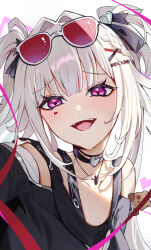  1girl absurdres bare_shoulders black_choker blush braid choker commentary double-parted_bangs eyewear_on_head facial_mark haeb59900889 hair_intakes hair_ornament hair_ribbon head_tilt heart heart_facial_mark highres honkai:_star_rail honkai_(series) jewelry long_hair looking_at_viewer necklace official_alternate_costume official_alternate_hairstyle pink_eyes ribbon simple_background solo sparkle_(honkai:_star_rail) sparxie_(candy-coated_waves)_(honkai:_star_rail) sparxie_(honkai:_star_rail) sunglasses twintails two_side_up untranslatable_commentary upper_body white_hair x_hair_ornament 
