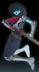  1other androgynous armor belt black_bodysuit black_unitard blue_hair blue_skin bodysuit breastplate brown_belt cape carrot0carrot colored_skin delta_rune_(symbol) delta_rune_print deltarune drawing_sword fighting_stance gauntlets greaves highres holding holding_sheath holding_sword holding_weapon kris_(dark_world)_(deltarune) kris_(deltarune) looking_at_viewer open_mouth other_focus ready_to_draw red_cape red_eyes sheath short_hair simple_background sleeveless sleeveless_bodysuit sword teeth unitard unsheathing utdr_(toby_fox) weapon 