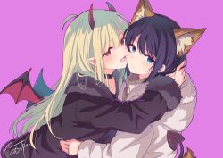  2girls ahoge animal_ears black_choker black_hair black_jacket blonde_hair blue_eyes blush cho_kaguya-hime! choker closed_mouth commentary_request demon_girl demon_horns demon_tail fang fox_ears fox_girl fox_tail highres horns hug huleito jacket kaguya_(cho_kaguya-hime!) long_hair long_sleeves medium_hair multiple_girls open_mouth pink_background sakayori_iroha skin_fang tail white_jacket yuri 