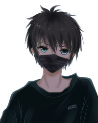 1boy absurdres aqua_eyes black_hair black_mask black_shirt child choppy_bangs commentary_request guiyi_tonghua hair_between_eyes highres male_focus mask messy_hair mouth_mask original shirt short_hair sidelocks simple_background solo upper_body white_background 