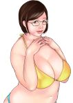  bikini breasts brown_hair cleavage glasses kusagami_style large_breasts lips original plump short_hair simple_background solo standing swimsuit white_background 