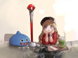  1girl baseball_cap black_hat black_pantyhose blonde_hair bracelet braid casual cellphone chair charm_(object) commentary_request contemporary cup dragon_quest dragon_quest_xi drinking_straw earphones eating eyelashes feet_out_of_frame grey_shorts hair_tie hands_on_own_face hands_up hat highres hood hood_down hoodie jewelry jun_(navigavi) korean_commentary long_hair long_sleeves looking_at_another looking_to_the_side on_chair open_mouth pantyhose phone pincet red_hoodie shorts sitting slime_(creature) slime_(dragon_quest) smartphone solo staff sugar_cube table teeth tray twin_braids upper_teeth_only veronica_(dq11) violet_eyes 
