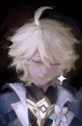  1boy aether_(as_heaven_and_earth_are_made_anew)_(genshin_impact) aether_(genshin_impact) ahoge black_background black_shirt blonde_hair blue_jacket closed_eyes closed_mouth commentary earrings flower flower_ornament genshin_impact gold_trim hair_between_eyes highres jacket jewelry lapels lips long_hair low_ponytail male_focus motimayo_1517 official_alternate_costume official_alternate_hairstyle open_clothes open_jacket ponytail shirt simple_background single_earring smile solo star_(symbol) star_earrings two-sided_fabric two-sided_jacket untranslatable_commentary upper_body white_flower white_jacket 