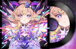  1girl arknights arknights:_endfield blonde_hair commentary_request curled_horns demon_girl demon_horns earrings gloves hairband heart heart_earrings highres horns jewelry liino_(arknights) long_hair multicolored_horns parted_lips partially_fingerless_gloves pointy_ears purple_gloves purple_hairband purple_horns shrug_(clothing) solo star-shaped_pupils star_(symbol) symbol-shaped_pupils two-tone_horns violet_eyes white_shrug yotte 