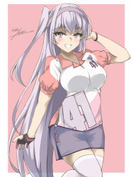  1girl artist_name black_gloves commentary_request cowboy_shot dated fingerless_gloves fuyutsuki_(kancolle) fuyutsuki_(round1)_(kancolle) gakky gloves grey_eyes grey_hair grey_skirt grin highres kantai_collection multicolored_shirt one-hour_drawing_challenge pencil_skirt pink_background pink_shirt shirt single_glove skirt smile solo thigh-highs two_side_up white_thighhighs 