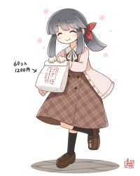  1girl ^_^ artist_logo bag black_hair black_socks bow brown_dress brown_shoes check_commentary check_translation closed_eyes collar commentary_request dress hair_bow himorogi_koyomi_(kitagawa_suigetsu) holding holding_bag jacket kitagawa_suigetsu logo original paper_bag pink_jacket ponytail red_bow shoes smile socks solo standing standing_on_one_leg translation_request white_background white_collar 