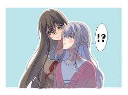  !? 2girls :3 bang_dream! bang_dream!_girls_band_party! bang_dream!_yumemita behind_another blue_background blush border braid brown_hair closed_mouth clueless collarbone commentary crew_neck cropped_torso dot_nose empty_eyes false_smile fang fang_out green_eyes grey_eyes grey_hair hair_between_eyes half_up_braid hanasakigawa_school_uniform hanazono_tae height_difference highres hsiao_yeh in-franchise_crossover long_hair long_sidelocks looking_down miyanaga_nonoka miyanaga_nonoka_(real) multiple_girls neck_ribbon pink_sweater profile red_ribbon ribbon sailor_collar school_uniform shaded_face shirt sidelocks simple_background smile spoken_interrobang straight_hair striped_clothes striped_shirt sweater untranslatable_commentary v-neck white_border white_sailor_collar white_shirt winter_uniform you_gonna_get_raped 