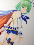  alternate_costume antennae ass back bare_shoulders cape from_behind green_eyes green_hair light_smile looking_back mayo_riyo race_queen racequeen short_hair solo touhou traditional_media wriggle_nightbug wrist_cuffs 
