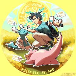  1boy artist_name black_hair blue_shirt brionne commentary english_commentary english_text fang glasses gooompy highres open_mouth pants pink_fur pokemon pokemon_(creature) pokemon_sun_and_moon shirt short_sleeves slowpoke squatting tail white_pants wingull x_anus 