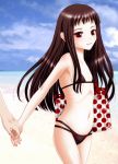 ar_tonelico_ii bag beach bikini brown_hair inumori_sayaka jakuri long_hair navel red_eyes swimsuit 