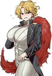  1girl absurdres black_coat blonde_hair breasts coat cowboy_shot don_quixote_(project_moon) fang feather_boa hand_on_own_chest highres huge_breasts jacket limbus_company looking_at_viewer mitama_nyan open_mouth pants project_moon red_eyes sancho_(project_moon) shirt short_hair sweat white_pants white_shirt 