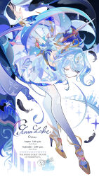  1girl ballerina ballet ballet_dress bare_shoulders bent_over blue_dress blue_gloves blue_hair breasts closed_eyes closed_mouth commentary dagger dancing detached_sleeves dress english_text ezu_(e104mjd) genshin_impact gloves hair_ornament high_heels highres holding holding_dagger holding_knife holding_weapon knife medium_breasts medium_hair odette_(genshin_impact) pantyhose single_glove solo untranslatable_commentary weapon white_pantyhose 