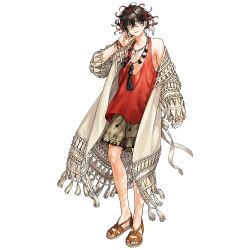  1boy black_hair boho-chic bracelet cardigan curly_hair dante_alighieri_(fate) fate/grand_order fate_(series) full_body game_asset grey_eyes hair_ornament hair_stick highres jewelry long_sleeves looking_at_viewer male_focus male_swimwear medium_hair multicolored_hair necklace official_art open_cardigan open_clothes parted_lips red_hair red_nails red_tank_top sandals shirahama_kamome solo swim_trunks tachi-e tank_top third-party_source transparent_background two-tone_hair 