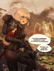  1girl absurdres adepta_sororitas armor backpack bag bile_titan black_bodystocking bolter english_text explosive facial_tattoo fleur-de-lis from_side game_screenshot_background green_eyes grenade helldivers_(series) highres holding_bolter looking_at_viewer lorem_ipsum lucy_(xanran) pauldrons pelvic_curtain power_armor screenshot_background shoulder_armor sideways_glance solo tattoo teeth upper_teeth_only warhammer_40k weapon white_hair xanran 