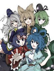  5girls black_hair black_hat black_skirt blue_hair brown_eyes brown_hair chisel commentary dress green_dress green_eyes green_hair grey_hair hair_ornament hair_rings hair_stick hat hat_ornament highres kaku_seiga liver017 long_hair looking_at_viewer miyako_yoshika mononobe_no_futo multiple_girls newsboy_cap ofuda ofuda_on_clothes pointy_hair ponytail red_shirt ribbon-trimmed_sleeves ribbon_trim ritual_baton shirt short_hair short_sleeves simple_background skirt soga_no_tojiko star_(symbol) star_hat_ornament tate_eboshi ten_desires touhou toyosatomimi_no_miko veil white_background white_veil 