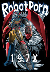  70s_robot_anime_geppy-x artist_name bird clenched_hands commentary_request english_text exposed_internal_machinery full_body geppy-x grey_bird highres horns mecha mecha_focus mechanical_wings no_humans official_artist_extra red_horns red_wings robot solo standing wings x-ray yamato_akira yellow_eyes 