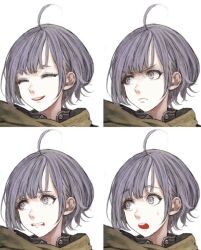  1girl ahoge angry cape closed_eyes closed_mouth commentary_request eyelashes frown jun_(navigavi) longbow_(navigavi) looking_to_the_side multiple_expressions multiple_views nervous nose open_mouth original purple_hair scared shirt short_hair simple_background smile sweatdrop teeth upper_teeth_only violet_eyes white_background yellow_cape 