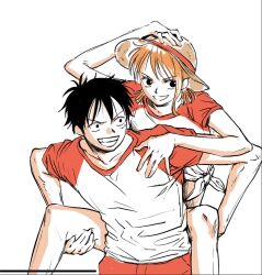  1boy 1girl alternate_costume bare_legs black_eyes black_hair carrying collarbone commentary_request feet_out_of_frame grin hand_on_another's_shoulder hand_on_headwear hat highres korean_commentary looking_to_the_side low_twintails matching_outfits monkey_d._luffy nami_(one_piece) one_piece orange_hair parted_lips piggyback red_shirt red_shorts scar scar_on_cheek scar_on_face shirt short_hair short_sleeves shorts single_sidelock sktkah_7326 smile straw_hat tied_shirt twintails two-tone_shirt upper_body white_background white_shirt 