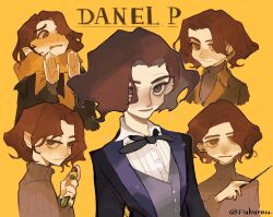  1boy artist_name blush brown_eyes brown_hair brown_jacket brown_sweater character_name chinese_commentary closed_mouth commentary_request cropped_torso curly_hair curtained_hair daniel_page expressionless forehead freckles fukurou_(linxiao_2024) furrowed_brow hands_up harry_potter:_magic_awakened harry_potter_(series) highres holding holding_potion holding_test_tube holding_wand jacket male_focus multiple_views nervous_sweating nose_blush outline palms parted_lips potion raised_inner_eyebrows ribbed_sweater scarf short_hair simple_background stop_(gesture) suit sweat sweater test_tube turtleneck turtleneck_sweater upturned_eyes wand white_outline wizarding_world yellow_background yellow_scarf 