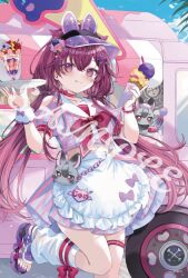  1girl apron averting_eyes closed_mouth commentary english_commentary hair_between_eyes hair_ornament hinakisara holding holding_ice_cream_cone ice_cream_cone juno_umezono leg_warmers midriff official_art outdoors plate purple_hair purple_nails purple_sandals sample_watermark sandals second-party_source shirt short_sleeves single_wrist_cuff smile standing standing_on_one_leg tongue tongue_out violet_eyes virtual_youtuber visor_cap vspo! vspo!_en watermark white_apron white_leg_warmers white_wrist_cuffs wrist_cuffs 