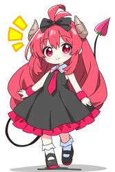  1girl alternate_costume alternate_eye_color alternate_hair_color alternate_hairstyle antenna_hair arms_at_sides bare_shoulders black_bow black_dress black_shoes bow brown_horns closed_mouth commentary_request curled_horns demon_girl demon_horns demon_tail dot_nose dress frilled_dress frills full_body hair_between_eyes hair_bow horns kotatsu-mazoku lilith_(homunculus)_(machikado_mazoku) lilith_(machikado_mazoku) long_hair looking_at_viewer machikado_mazoku mary_janes necktie notice_lines pink_necktie red_eyes red_hair sailor_collar shoes sidelocks simple_background sleeveless sleeveless_dress smile socks solo standing tail white_background white_sailor_collar white_socks 