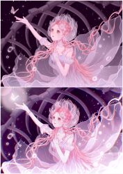  1girl absurdres arm_ribbon bare_shoulders bone bracelet brown_eyes bubble bug butterfly chinese_commentary choker commentary_request cowboy_shot detached_sleeves dress eyelashes floating_hair flower flower_as_hat flower_dress forehead gown hair_flower hair_ornament hand_on_own_chest happy hat highres jewelry jingyanyan light_blush light_particles long_dress long_hair long_sidelocks looking_at_animal nikki_(nikki) nikki_(series) open_mouth outstretched_arm pink_choker pink_dress pink_flower pink_hair pink_hat pink_ribbon pink_sleeves pink_theme puffy_short_sleeves puffy_sleeves reaching ribbon shining_nikki short_sleeves sidelocks smile strapless strapless_dress tareme variations vast_blossom_(shining_nikki) very_long_hair wavy_hair 
