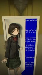  1girl absurdres asymmetrical_hair backrooms_(creepypasta) bag black_jacket blue_screen_of_death brown_bag brown_eyes brown_hair closed_mouth collared_shirt door hair_ornament highres hitomi_(tongshou) iwakura_lain jacket long_sleeves looking_at_viewer opening_door pleated_skirt red_ribbon ribbon school_uniform serial_experiments_lain shirt short_hair skirt solo white_shirt x_hair_ornament 