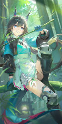  1girl absurdres arknights arknights:_endfield bamboo bamboo_forest bamboo_shoot black_hair blue_eyes blue_gloves blue_jacket chen_qianyu_(arknights) commentary_request dragon_girl dragon_horns dragon_tail eastern_dragon_horns eastern_dragon_tail forest gloves grin highres holding_bamboo_shoot horns jacket long_hair long_sleeves nature outdoors sitting smile tail ttk_(kirinottk) 