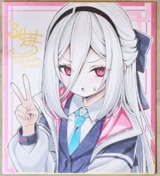  1girl :o black_hairband blazer blue_archive blue_necktie bow collared_shirt comiket_108 commentary_request double-parted_bangs fukemachi hair_between_eyes hair_bow hairband half_updo halo highres jacket kei_(blue_archive) kei_(student)_(blue_archive) long_hair_between_eyes looking_at_viewer loosely_tucked_bangs multicolored_jacket necktie photo_(medium) pink_eyes pink_halo rectangular_halo ringed_eyes shikishi shirt signature solo sweatdrop two-tone_jacket v v-shaped_eyebrows white_jacket white_shirt 