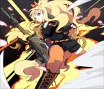  blonde_hair blue_eyes boots bow eunram guitar gun hair_bow instrument jacket long_hair orange_legwear seeu shorts solo thigh-highs thighhighs very_long_hair vocaloid weapon weaponized_instrument 