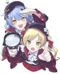  2girls :d artist_name bird_hat_ornament black_bow black_hat blonde_hair blue_hair bow bow_flower bowtie braid braided_hair_rings collared_shirt flower frilled_sleeves frills from_above green_eyes hair_bow hair_flower hair_ornament hair_rings hat hat_flower holding holding_hands holding_magnifying_glass kotetsu_080 long_hair looking_at_viewer magnifying_glass mahou_shoujo_no_majo_saiban multiple_girls official_alternate_costume open_mouth pleated_skirt pointing pointing_at_viewer red_skirt shirt short_hair signature simple_background skirt smile tachibana_sherry tono_hanna twintails v-shaped_eyebrows white_background white_bow white_bowtie wide_sleeves winged_hat yellow_eyes yuri 