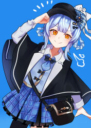  1girl absurdres bag barumukuchen black_bag black_capelet black_hat blue_background blue_hair blue_necktie blue_skirt braid braided_hair_rings capelet closed_mouth collared_shirt commentary_request cowboy_shot deerstalker grey_vest hair_rings hand_up hat highres long_sleeves looking_at_viewer mahou_shoujo_no_majo_saiban necktie orange_eyes pleated_skirt puff_of_air shirt short_hair simple_background skirt smile solo standing tachibana_sherry vest white_shirt 